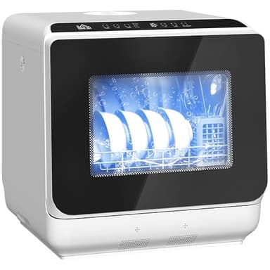 HOMCOM Mini lave-vaisselle compact 4 couverts, lave-vaisselle de table avec 6 programmes, réservoir 6L, écran LED, double alimentation en eau, commande tactile, départ différé et séchage à l'air blanc
