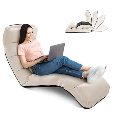 RELAX4LIFE Méridienne en Daim Réglable en 5 Positions 90°-180°et Oreiller, Chauffeuse 1 Place Convertible Rembourrée, Fauteuil Relaxant au Sol pour Bureau, Salon,Chambre, 175x55x20CM(Beige)