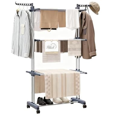 Ribech Etendoir Linge Tour sur roulettes | Séchoir 4 Niveaux en Acier Inoxydable avec 6 Ailes Pliantes | 76x50x172 cm | Gain de Place pour Balcon Salle de Bain & Intérieur | Gris
