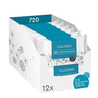 Lingettes toilettes LILLYDOO, 720 pièces (12 x 60), jetables dans les WC, tissu 100% sans plastique et sans parfum