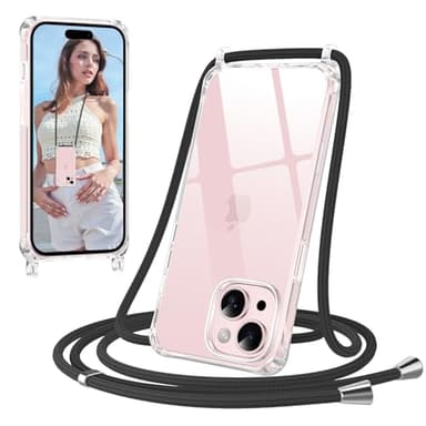 Jrkvniv Coque avec Cordon pour iPhone 15, Transparent Anti-Jaunissement Antichoc Silicone Housse Collier Réglable Téléphone Étui Portable Lanyard Case Protection Complète Cover (Noir)