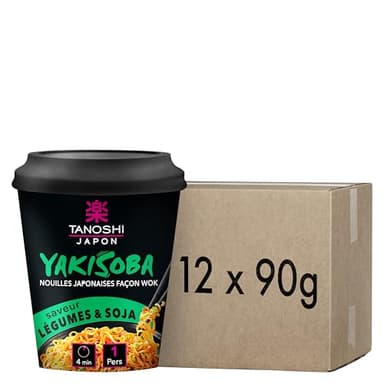 Tanoshi - Cup Nouilles Sautées Yakisoba Japonaises Instantanées - Légumes et Soja - sans Glutamate Ajouté ni Huile de Palme - Prêtes en 4 Minutes - 90g x 12