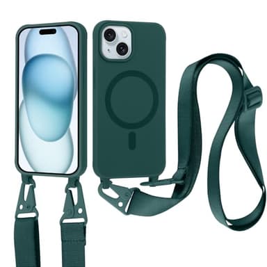 Jrkvniv Coque Magnétique pour iPhone 15 avec Cordon, Compatible with MagSafe, Silicone Housse avec Lanyard Réglable Portable, Antichoc Anti-Chute Bandoulière Lanière Case pour iPhone 15, Vert