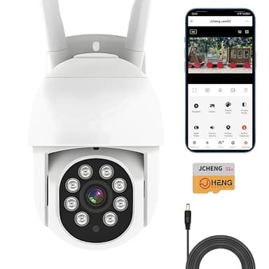 JCHENG Caméra de sécurité extérieure 4 MP avec Suivi de Mouvement et détection vocale | Surveillance à Distance | Carte SD Incluse | Compatible avec Alexa et Google Home | Intégration IP65