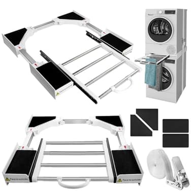 Zanfqvo Kit de Superposition Lave Linge Seche Linge - Cadre Intermédiaire Universel avec Tablette Coulissante et Corde à Cliquet - Accessoires pour Lave-linge/Sèche-linge - Réglable 46-72cm