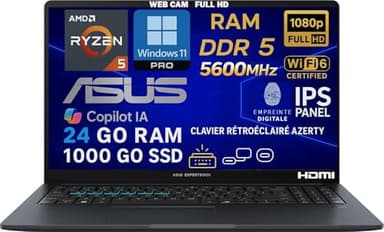 ASUS Ordinateur Portable AMD Ryzen 5 7535HS 4.5GHz, RAM 24Go DDR5, SSD 1To, Écran 15.6" FHD IPS, WiFi 6E, Ethernet, Copilot IA, Webcam 1080p, Clavier AZERTY Rétroéclairé, Empreinte Digitale, Win11 Pro