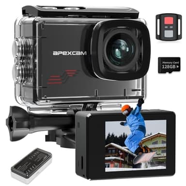 Apexcam M80 Caméra Sport 4K 60FPS Action cam avec Micro 128Go Photo 48MP Camera Étanche 40M avec 8X Zoom 170° Grand Angle avec Kits d'accessoires pour Aventures