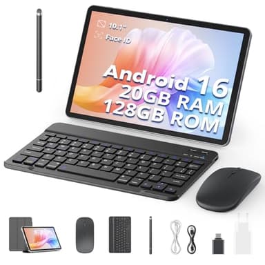 SVITOO Tablette Android 16 avec Clavier, Stylet, Souris et Etui, Tablette 10 Pouces, 20 Go de RAM + 128 Go de ROM, T606 Octa-Core, 1280 x 800 HD, 6600 mAh (avec NTC), Widevine L1, 8 MP + 2 MP (Gris)