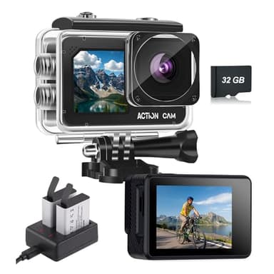 Nvgfelis Camera Sport FHD 1080P Caméra sous Marine étanche jusqu'à 40 m, Camera Moto Double écran avec 2 Batteries Rechargeables de 1050 mAh et kit d'accessoires(N300 avec 32 Go)