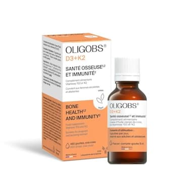 Oligobs D3+K2 | Complément alimentaire Vitamine D3 + K2 végétale | Flacon 15 ml | Immunité et santé osseuse | D3 végétale issue de lichen + K2 MK-7 | Sans additif | Végan | Fabriqué en France