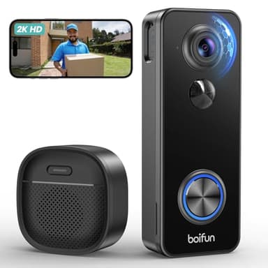 BOIFUN 2K FHD Sonnette sans Fil Exterieur Etanche, Vision Grand Angle 180°, Sonnette sans Fil avec Camera, Installation Facile, Détection IA Avancée, Vision Nocturne, Stockage Carte SD, WiFi 2,4 GHz