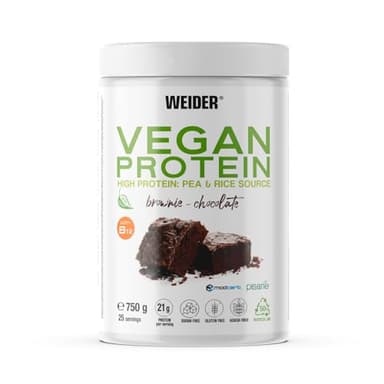 Weider Vegan Protein (750g) Goût Brownie-Choco. Protéines 100% Vegetal 21g/dose, Pois (Isolat Pisane) & Riz. Avec Vitamine B12 & Stevia. Sans Gluten, Sans Sucre. Emballage 50% Recyclé, 100% Recyclable