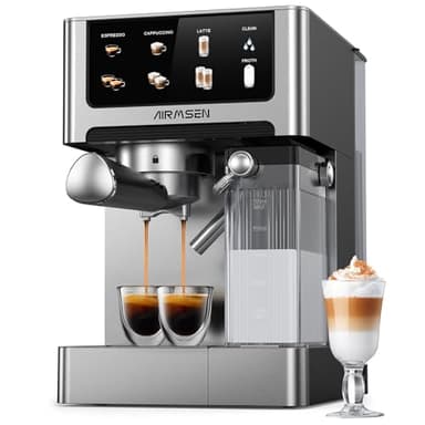 AIRMSEN Machine à Espresso 20 Bar – Cappuccino & Latte Cafetière, Machine a Cafe Double Chaudière (1350W & 1000W), Extraction en 15s, Acier Inoxydable, Amovible Réservoir d'Eau 1,8L, Écran Tactile