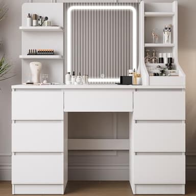 TRIUMPHKEY Coiffeuse avec Miroir LED, Luminosité Réglable,Table de Maquillage avec 4 Étagères et 7 Tiroirs, 110x40x139 cm Coiffeuse Moderne avec Grand Espace de Rangement (Blanc)