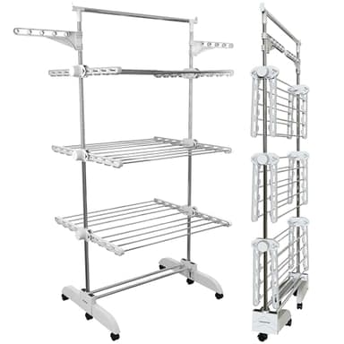 PORTENTUM Etendoir Linge Interieur et Exterieur Pliable 14 cm – 5 Niveaux et 58 Crochets pour cintres – Jusqu’à 40 kg – Séche 24 Barres INOX – Intérieur et extérieur – roulettes pivotantes avec Frein