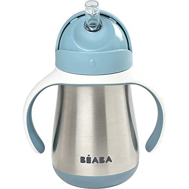 BÉABA, Biberon/Tasse d'apprentissage /Gourde Bébé 2 en 1 Inox, Tasse Paille Enfant, 100% étanche, Anti-fuite, Facile à Ouvrir, Poignées amovibles, Matière Inox, Sain, Solide, 250 ml, Blue