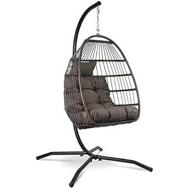 VITA5 Fauteuil Oeuf Suspendu Jardin avec Cadre en Acier - Balançoire Suspendue en Rotin - avec Grand Coussin et Appuie-Tête – Chaise Exterieur Terrasse Pliable et Hauteur Reglable - Capacité 150 kg