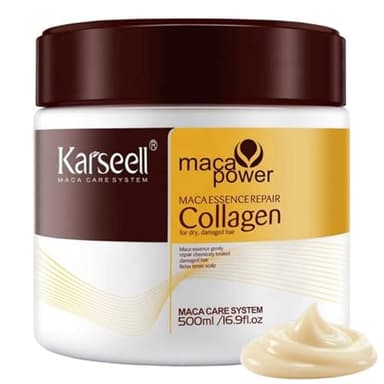 Karseell MACA CARE SYSTEM Masque Cheveux Collagène Huile d’Argan Coco Professionnel Hydratant Nourrissant Réparateur Cheveux Secs Abîmés Colorés Bouclés Lisses Anti Frisottis Sans Sulfates 500ml