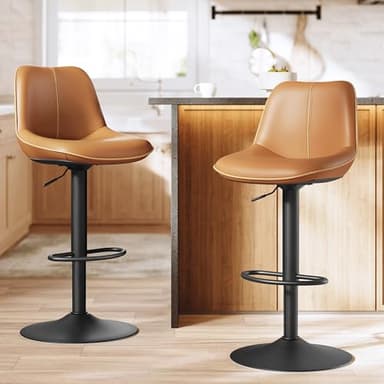 VASAGLE Lot de 2 Tabourets de Bar, Pivotants, Réglables en Hauteur, Dossier Ergonomique, PU, Base Métallique, Modernes, pour Îlot de Cuisine, Bar, Marron Caramel LJB168K01