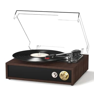 FYDEE Platine Vinyle avec Lecture et Enregistrement USB, Bluetooth Bidirectionnel, Vitesses 33/45/78 Tours, Haut-parleurs Stéréo Intégrés, Sortie RCA et Couvercle Anti-poussière Transparent - Ébène