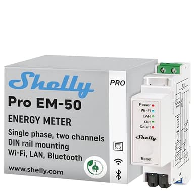 Shelly Pro EM 50A - Compteur électrique monophasé à 2 canaux LAN, Wi-Fi, Pinces ampermétriques incluses, Interrupteur intégré, Mesure par impulsion optique, Énergie photovoltaïque, App iOS Android