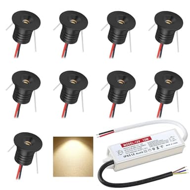 DYKUWEY Spot LED Encastrable 12V 1W, Mini Spot Led IP65, Trou Φ16mm, Spots de plafond pour cuisine, escalier, placard, couloir, éclairage DIY, vitrines, armoire, Lot de 9 (Noir Blanc Chaud 3000K)