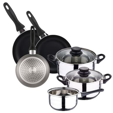 Batterie de cuisine 5 pièces acier inoxydable + set 3 poêles Ø16Ø20Ø24 aluminium pressé, gris métallisé
