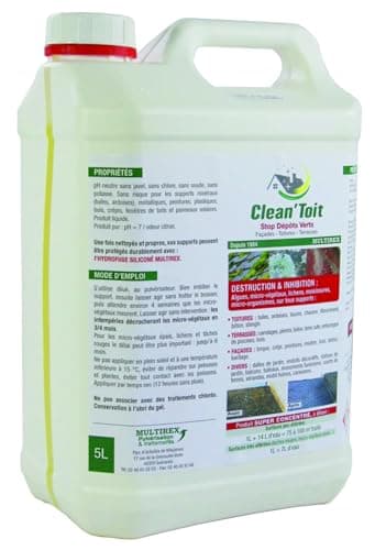 Multirex Antimousse 5 L sans javel, super concentré pH neutre, jusqu’à 500 m², toitures façades terrasses allées, élimine mousses algues lichens taches rouges, application sans rinçage