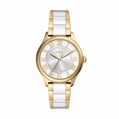 Fossil Gilmore Montre Femme, Mouvement Quartz Trois Aiguilles Date avec Bracelet en Acier Inoxydable ou Cuir, Doré et Blanc, 38 mm