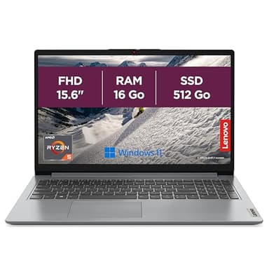 Lenovo IdeaPad 1 15AMN7 - Ordinateur Portable 15.6'' FHD (AMD Ryzen 5 7520U, RAM 16Go, SSD 512Go, AMD Radeon 610M Graphics, Windows 11 Home) Clavier AZERTY Français - Gris