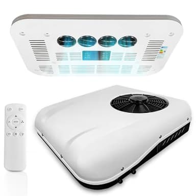 Climatiseur de toit pour camping-car, Climatiseur de RV stationnement 12V/24V, avec compresseur à spirale, silencieux, pour camping-cars, camions, fourgons, remorques de bateau et tracteurs,12V
