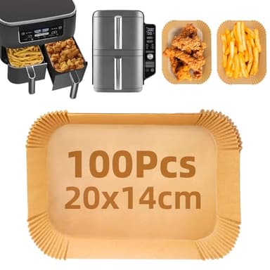 Papier Cuisson pour Ninja Air Fryer, 100 Pièces Épaissi 20x14cm Rectangulair Papier Sulfurisé Friteuse Sans Huile compatible avec Ninja AF300EU AF400EU SL400EU et Autres Dual/Double Airfryer