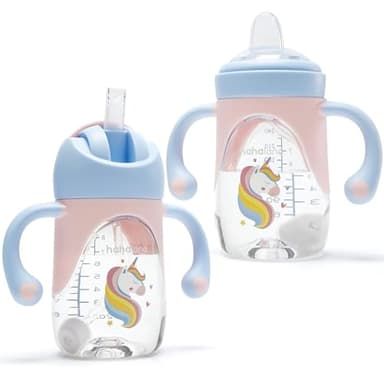 hahaland Tasse Paille Enfant, Biberon/Tasse d'apprentissage 2 en 1, 100% Étanche, Anti-fuite, Facile à Ouvrir, 240ml/8oz