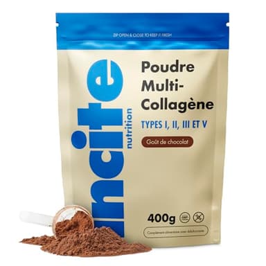 Incite Nutrition Multi Collagene Poudre au Chocolat 400 g. Source de Collagène Types 1, 2, 3 et 5. Complément Utile pour la Peau, les Articulations, les Os, les Cheveux et la Récupération Musculaire.