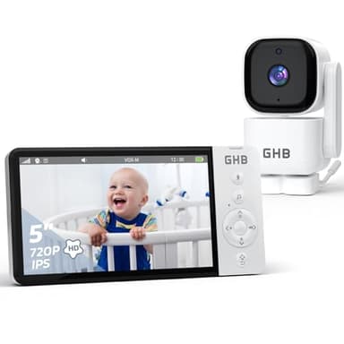 GHB Babyphone Caméra 5" Caméra Bébe Surveillance Rotation 350° 5000 mAh 720P HD Mode VOX Vision Nocturne Capteur de Température 8 Berceuses