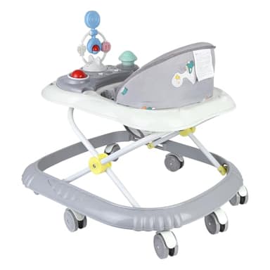Trotteur Bébé 4-en-1 Gris avec fonction pousseur, Marchette Evolutif Bébé avec Boîte à Musique et Lumières, Coussin de Siège Lavable pour Enfants de 6 à 18 Mois Jusqu'à 12 KG-67 * 72 * 92cm- Gris (B)