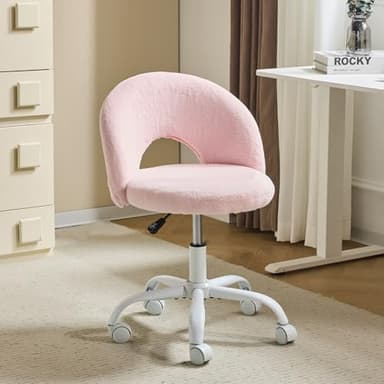 Bonnlo Chaise de Bureau Esthétique sans Accoudoirs, Petite Chaise Confortable, Fauteuil de Coiffeuse avec Support Lombaire, Chaise Pivotante pour Bureau, Chambre, en Fourrure de Lapin, Rose