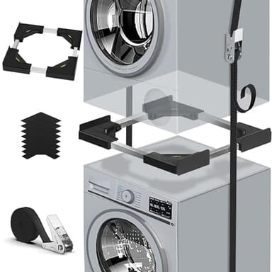 Kit d'Empilage Universel Machine à Laver & Sèche-Linge | Cadre Réglable 45-68cm/17.7-26.8" avec Sangle à Cliquet Renforcée | Anti-Vibration & Installation Sans Perçage (Noir)