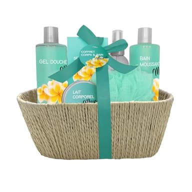 French Tendance - Coffret Bain Monoï - Bain Moussant 300ml, Gel Douche, Lait Corps, Brume, Sels de Bain - Cadeau Femme Beauté, Soin Corps, Bien Etre - Kit Cocooning Panier Corde Monoï
