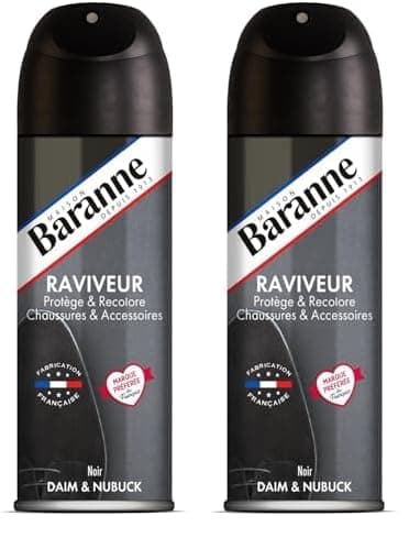 Baranne Aérosol Raviveur Noir | Protège, Ravive et Imperméabilise | Couleur Noir | Chaussures et Accessoires | Daim et Nubuck | 200 mL (Lot de 2)