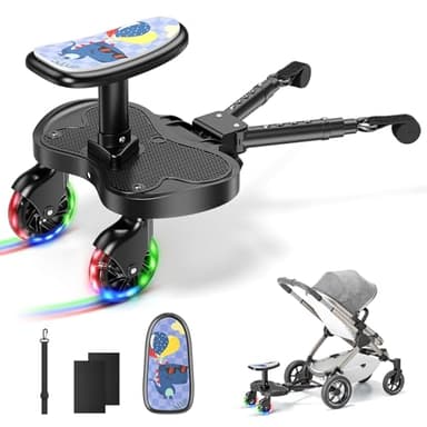 BugyKido Planche Poussette Universelle avec Roues LED, Marche Pied Poussette avec Mignon Motif Dinosaure,Skate Poussette Universelle pour Enfants de 2 à 6 Ans (25kg),Compatible avec 99% des Poussettes