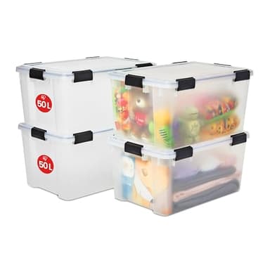 IRIS OHYAMA IRIS OHYAMA Ohyama, Lot de 4 Boîtes Rangement, Hermétiques, 50 L, avec Clips, Empilable, Garage, Cave, Grenier - Air Tight AT-L Transparent
