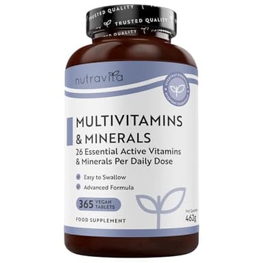 Nutravita Multivitamines et Minéraux - 365 Comprimés (12 Mois) 26 Nutriments dont Zinc Fer Selenium Vitamine C A B D3 E K - Vitamines, Minéraux et Compléments Vegan Haute Absorption