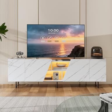 FEEOHOME Meuble TV LED Support pour Téléviseur 85-95 Pouces, Meuble TV Moderne avec 4 Portes et Espace de Rangement Ouvert, Table Télé avec Motif marbre pour Salon