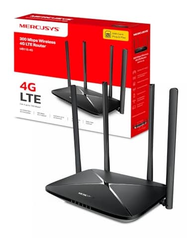 Mercusys MB115-4G Routeur 4G LTE, WiFi 300 Mbps en 2.4 Ghz, Carte SIM Nano, 4 Antennes Puissantes, Jusqu’à 32 Appareils, Mode routeur Via 4 Ports WAN/LAN, Compatible Multi-Opérateurs