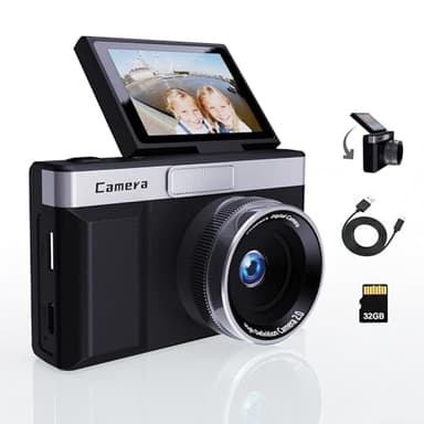 Appareil Photo Numérique Noir avec Écran LCD Rotatif 2", 1080P Appareil Photo Compact Portable, Zoom 8X, Carte SD 32GB Incluse, Idéal pour Enfants, Vlogging, Adolescents et Débutants