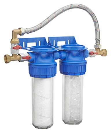 Station Double traitement Anti Calcaire/filtration Anti Impuretés 25 microns avec By Pass + raccords écrous tournants + vannes + clé de desserage + cartouches 12 mois fournies ORIA