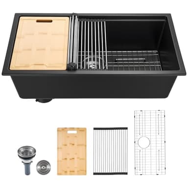 VEVOR Évier de Cuisine Moderne en Granit de 83,8 cm, Évier sous Plan à Large Cuve Simple, Bac à Laver avec Accessoires Multiples, Nettoyage Facile, pour Camping-car, Maison, Bar, Restaurant, Noir