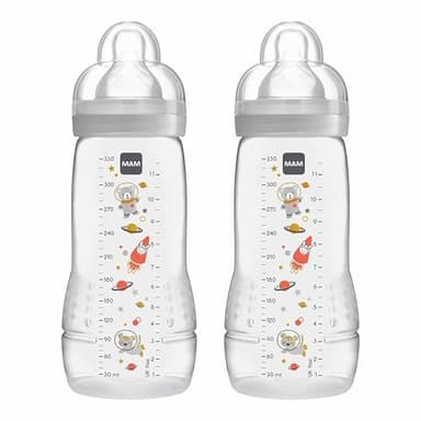 MAM Easy Active Baby Bottle with Fast Flow MAM Teats Size 3, Twin Pack of Baby Bottles, Baby Feeding, 330 ml, Grey (Designs May Vary)
