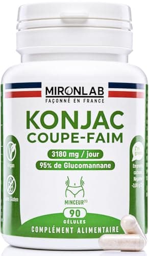 Konjac 3180 mg/j - Coupe Faim Puissant et Efficace - 95% Glucomannane - Aide Minceur, Détox, Digestion & Transit - Extrait Naturel - 90 gélules végétales - Laboratoire Français Mironlab